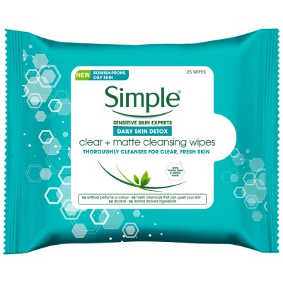 Simple Clear &amp; Matte Cleansing Wipes 25 stk