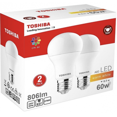 Toshiba LED E27 60W 806 Lumen 2 kpl