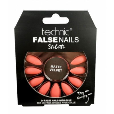 Technic False Nails Stiletto Matte Velvet Coral 24 kpl